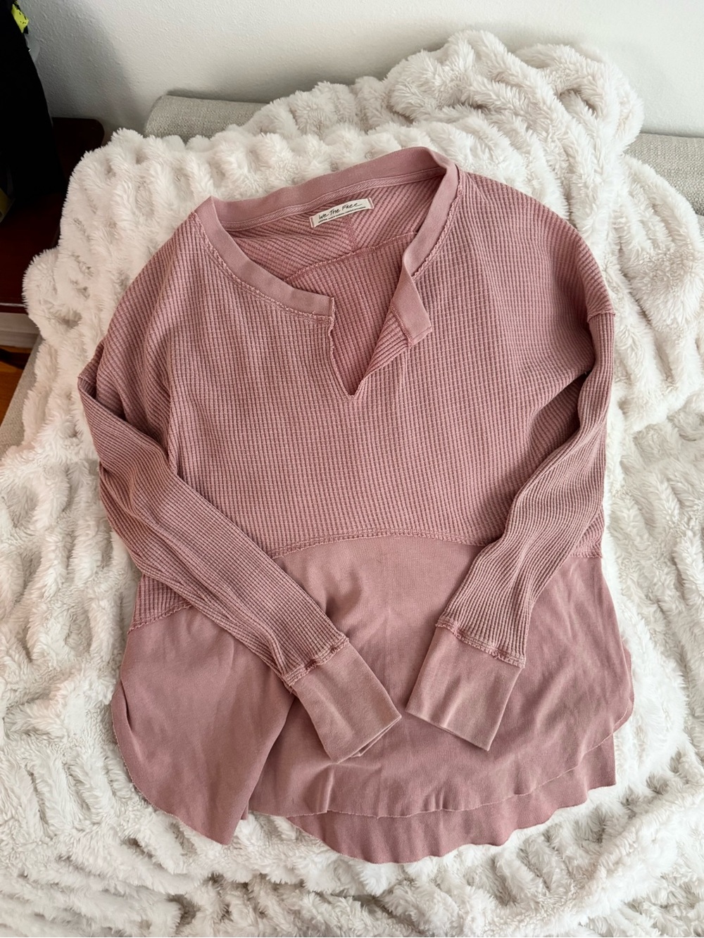 We The Free Pink V Waffle-Knit Pullover